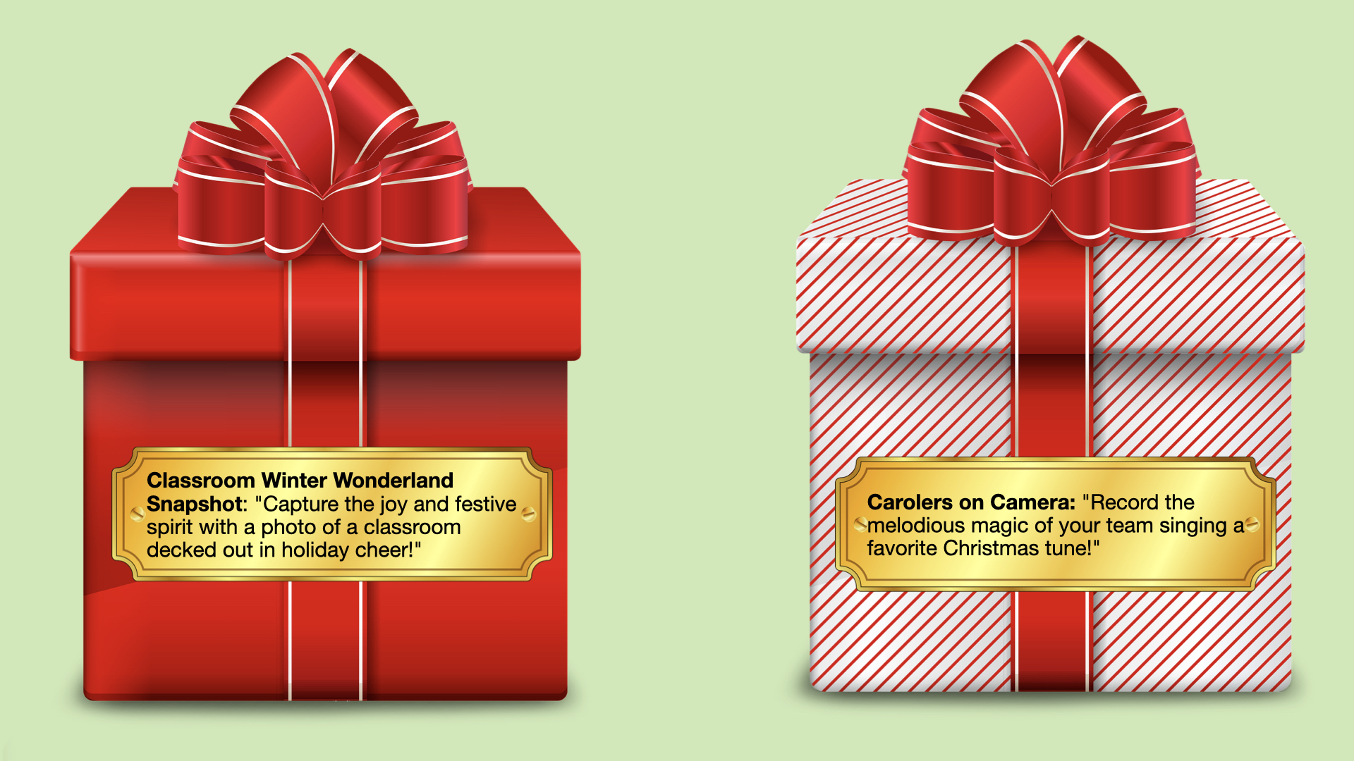 Two illustrated gift tags with challenges: "Classroom Winter Wonderland Snapshot" and "Carolers on Camera."