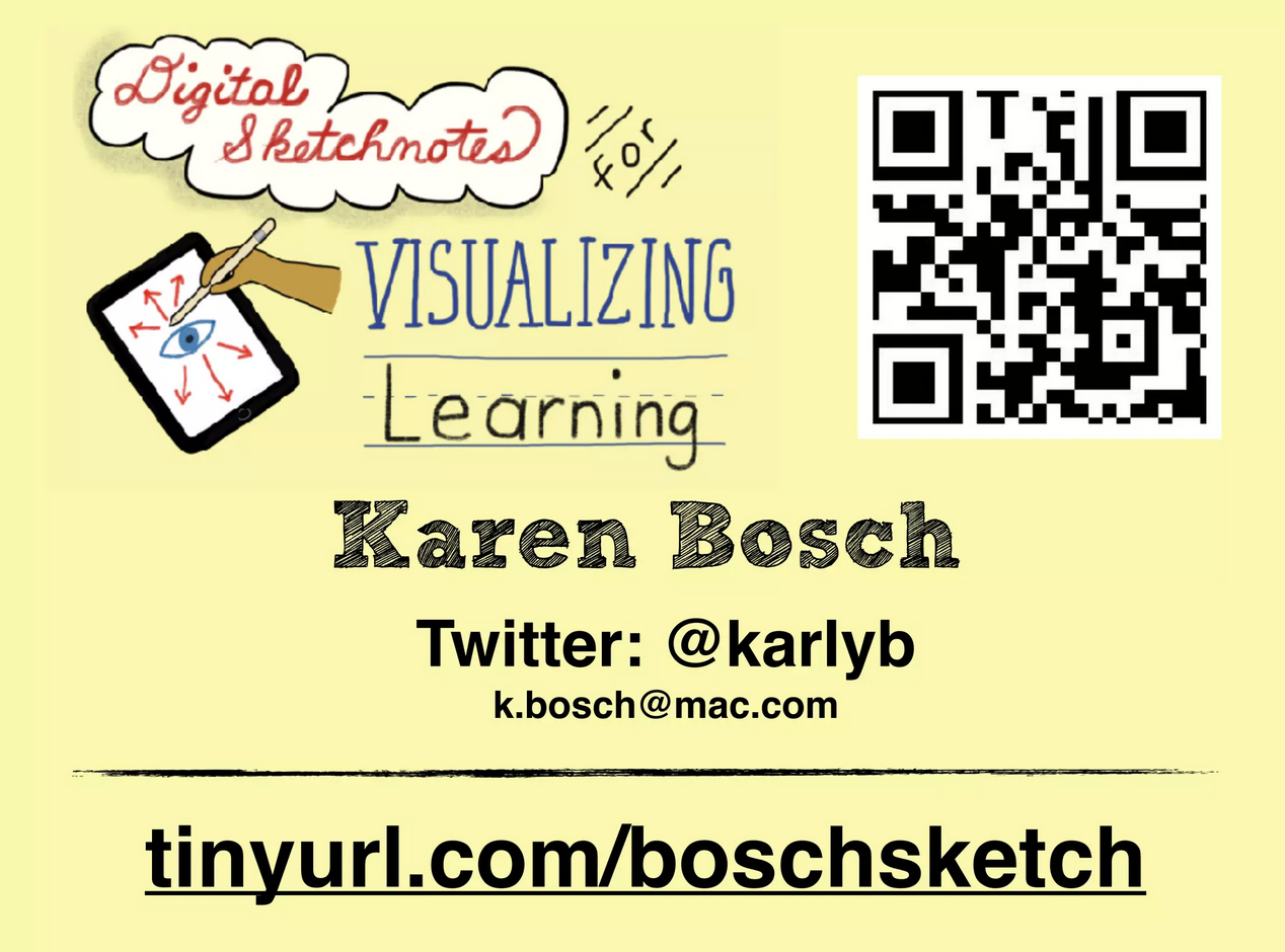 Title page for Digital Sketchnotes for Visualizing Learning workshop by Karen Bosch with picture of  hand, Apple Pencil, iPad