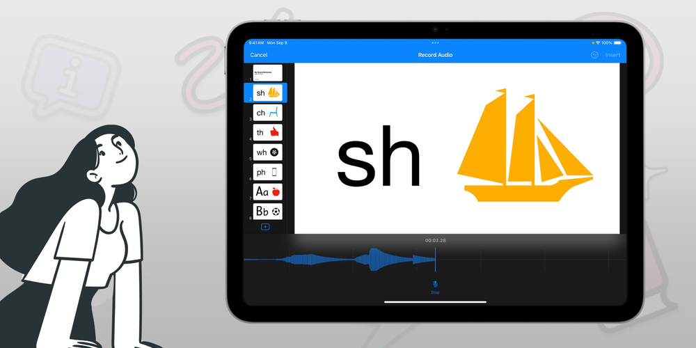 A sketch of a woman looking at an iPad showing Keynote in record audio mode with the letters sh and a shape of a yellow boat.