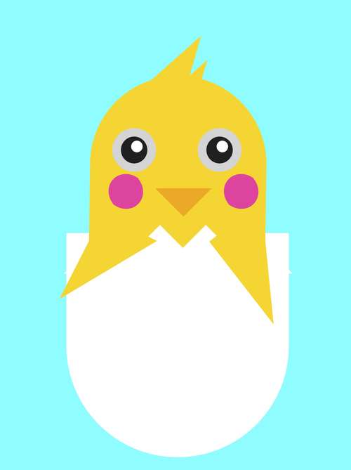 A yellow chick popping out the top of a cracked white eggshell created from geometric shapes in Keynote.