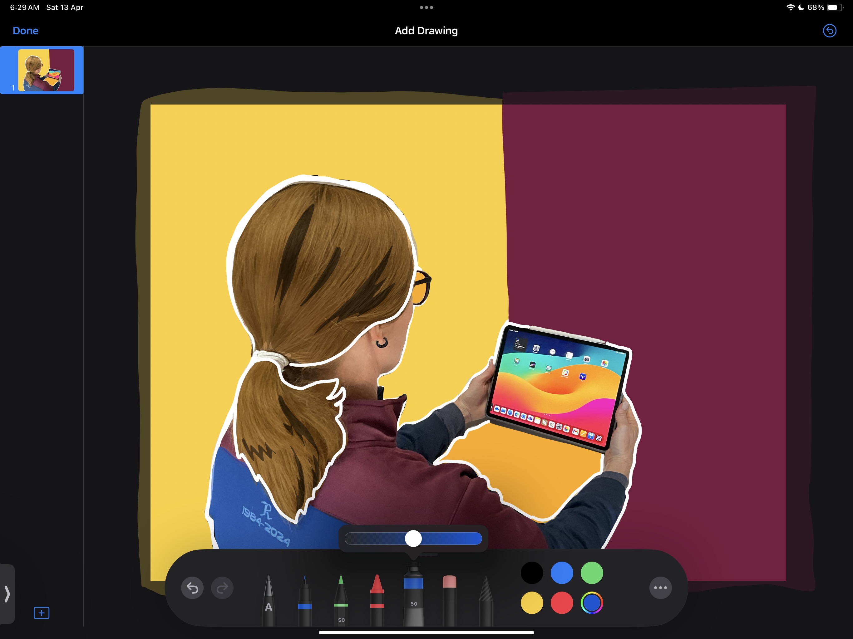 Screenshot of Keynote slide, showing the drawing tools to add colour over the photo
