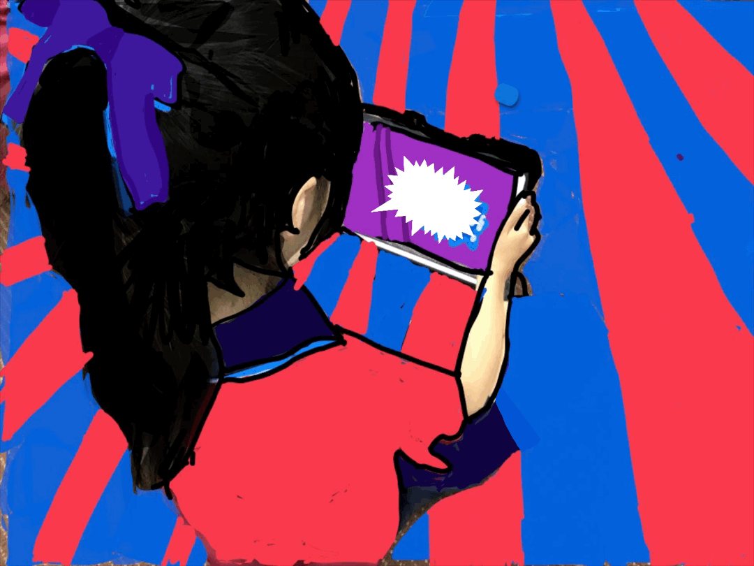 A photograph of a child holding an iPad with drawing over the image to make a Pop Art style. 