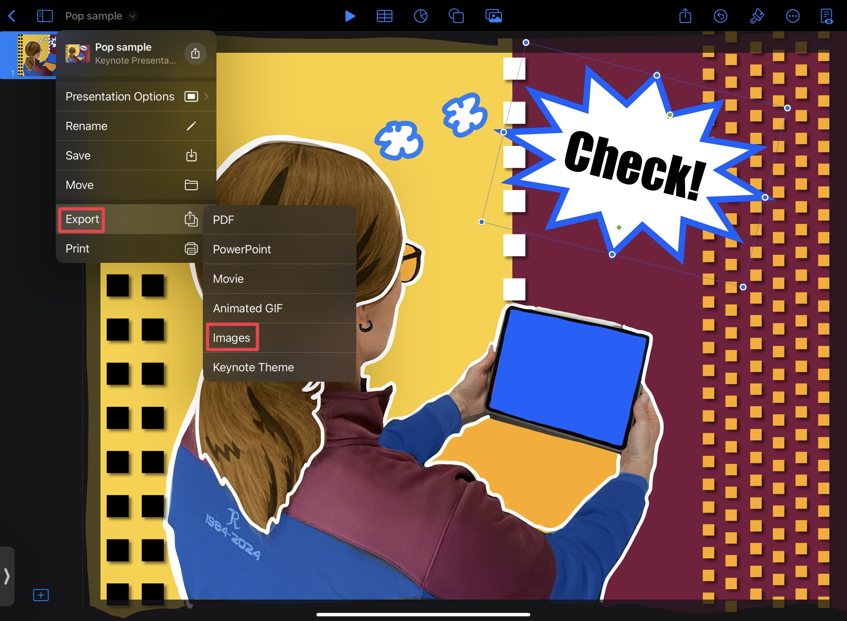 Screenshot showing the process to export the artwork from Keynote as an image 