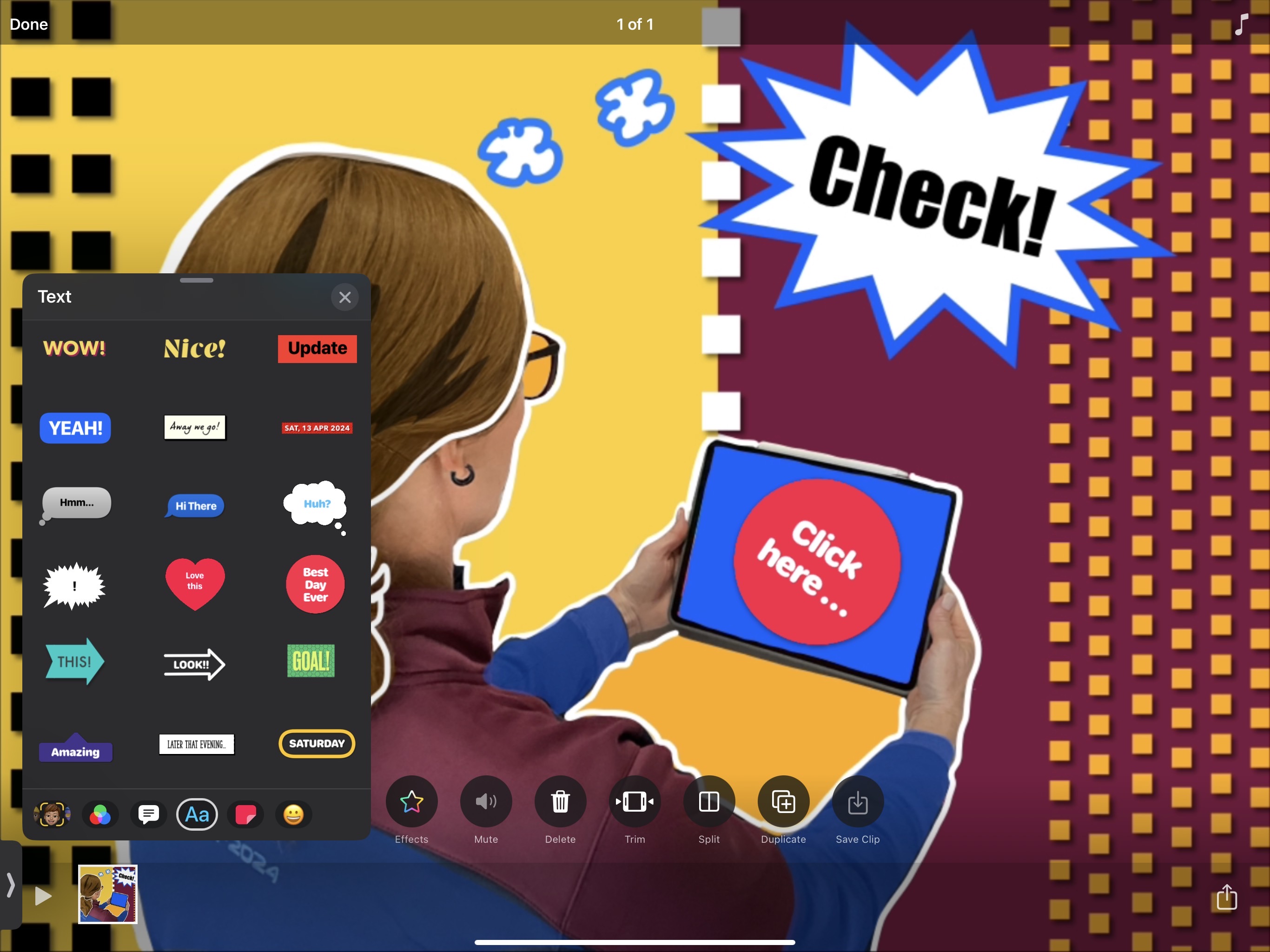 Adding animation of ‘Click Here’ text with stickers in Clips