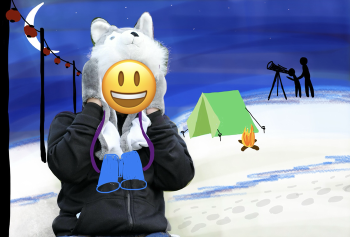 Student stands in a winter landscape, with a tent and campfire in the background, and silhouettes peering in a telescope.