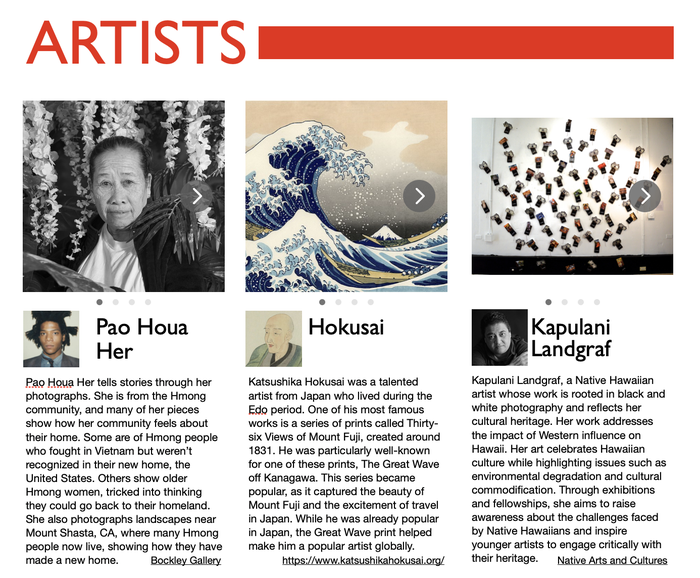 A page from the attached document shows Pao Houa Her, Kapulani Landgraf, and Hokusai with a gallery of a few of their pieces.