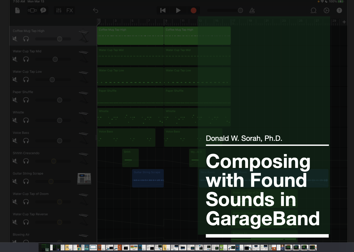 Front cover with a darkened view of a GarageBand project.