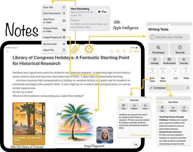 Screen shot of graphic showing Apple Intelligence features on Notes.