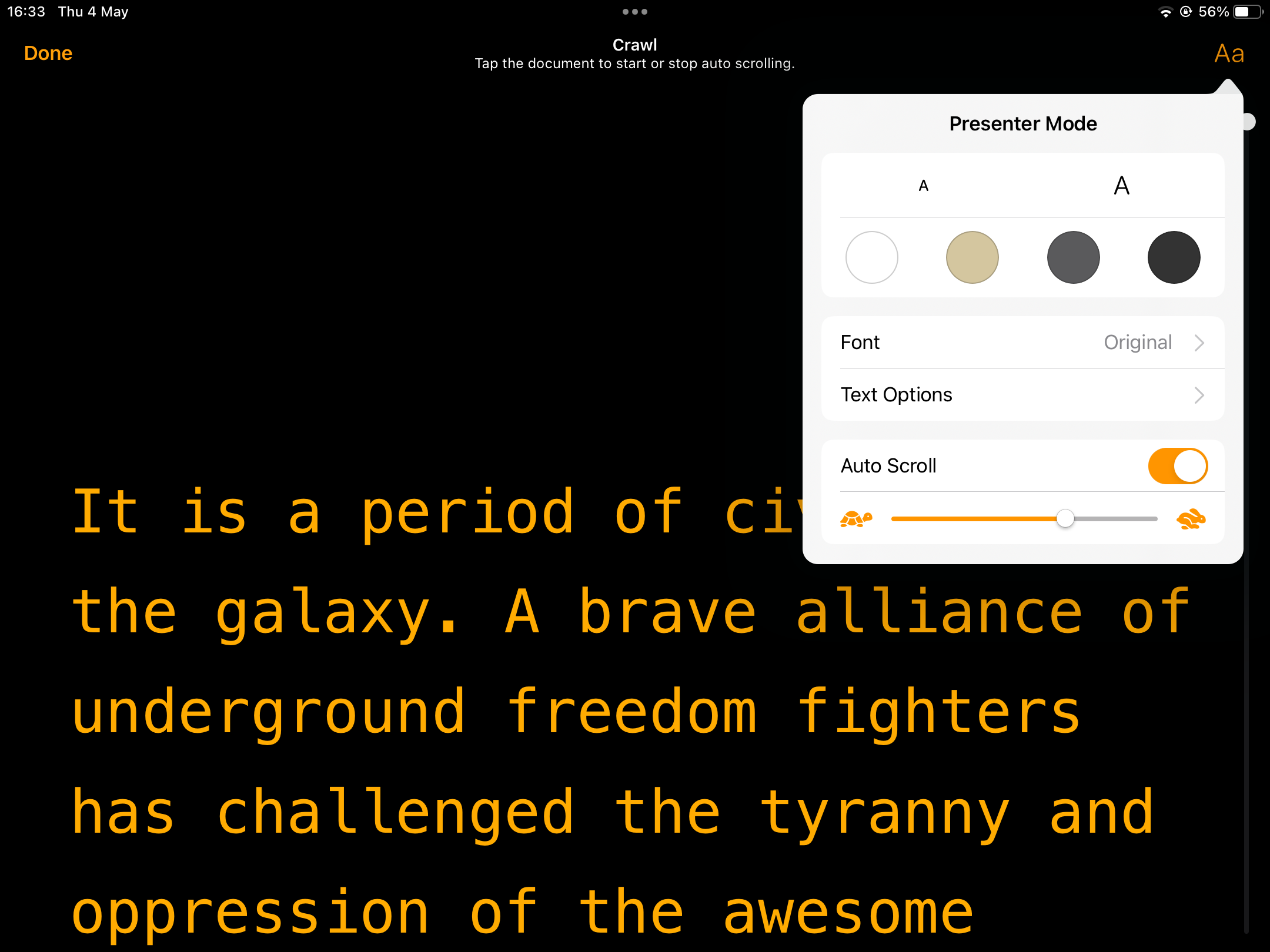 Screenshot of iPad with the Presenter Mode controls showing.