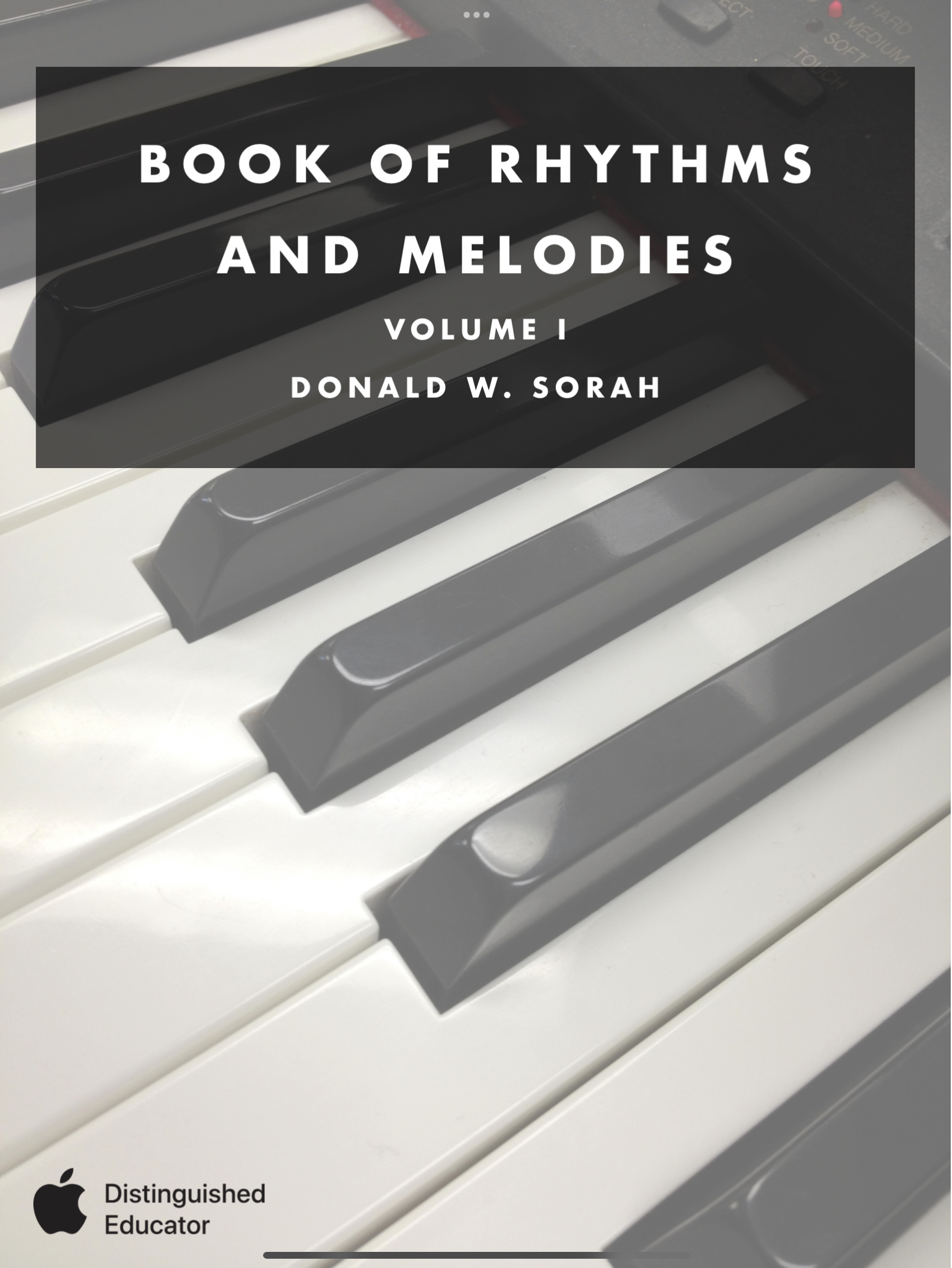 Book cover for Book of Rhythms and Melodies featuring a piano keyboard with black and white keys. 