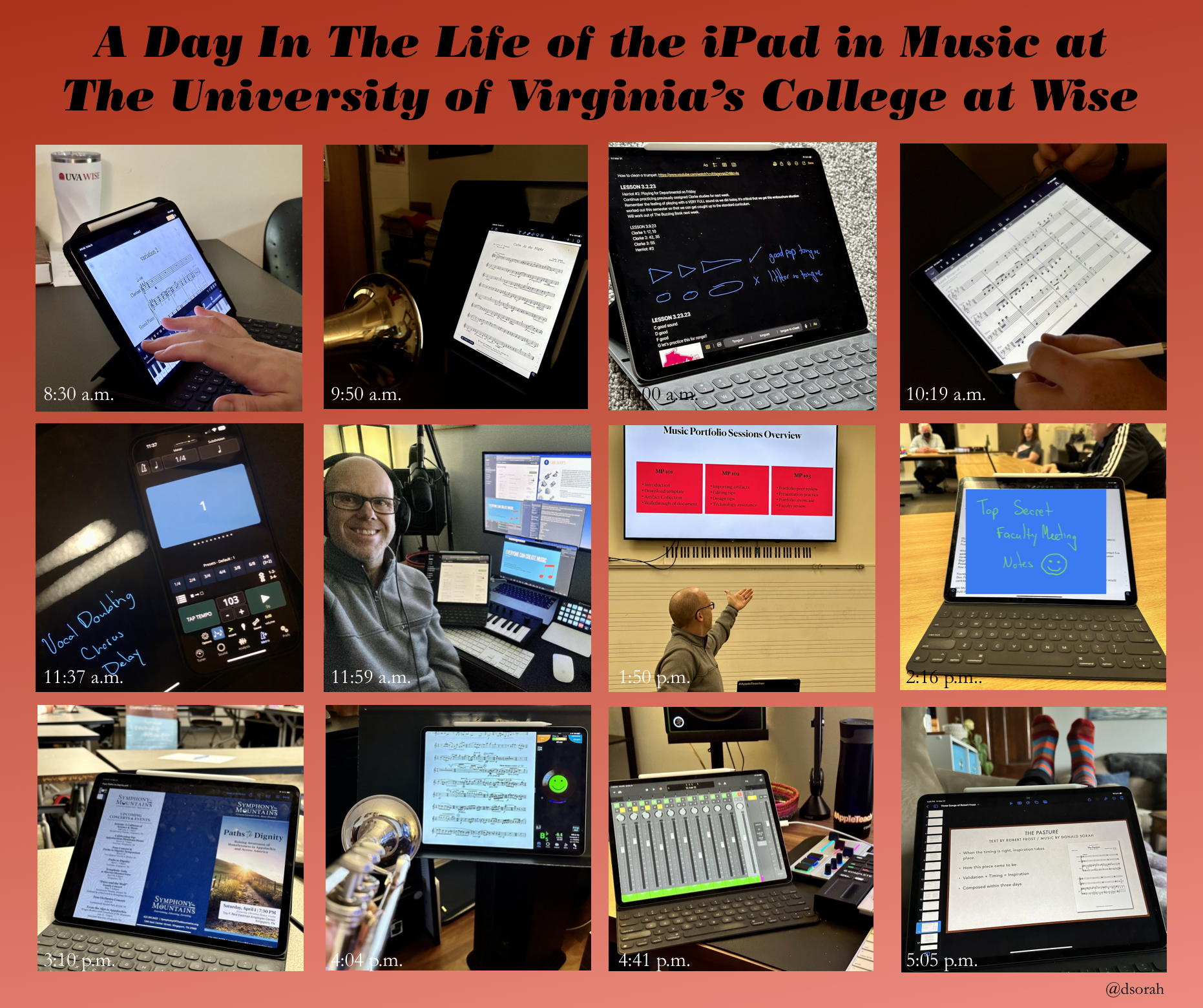 A collection of 12 images demonstrating use of iPad in the music program at The University of Virginia’s College at Wise. 