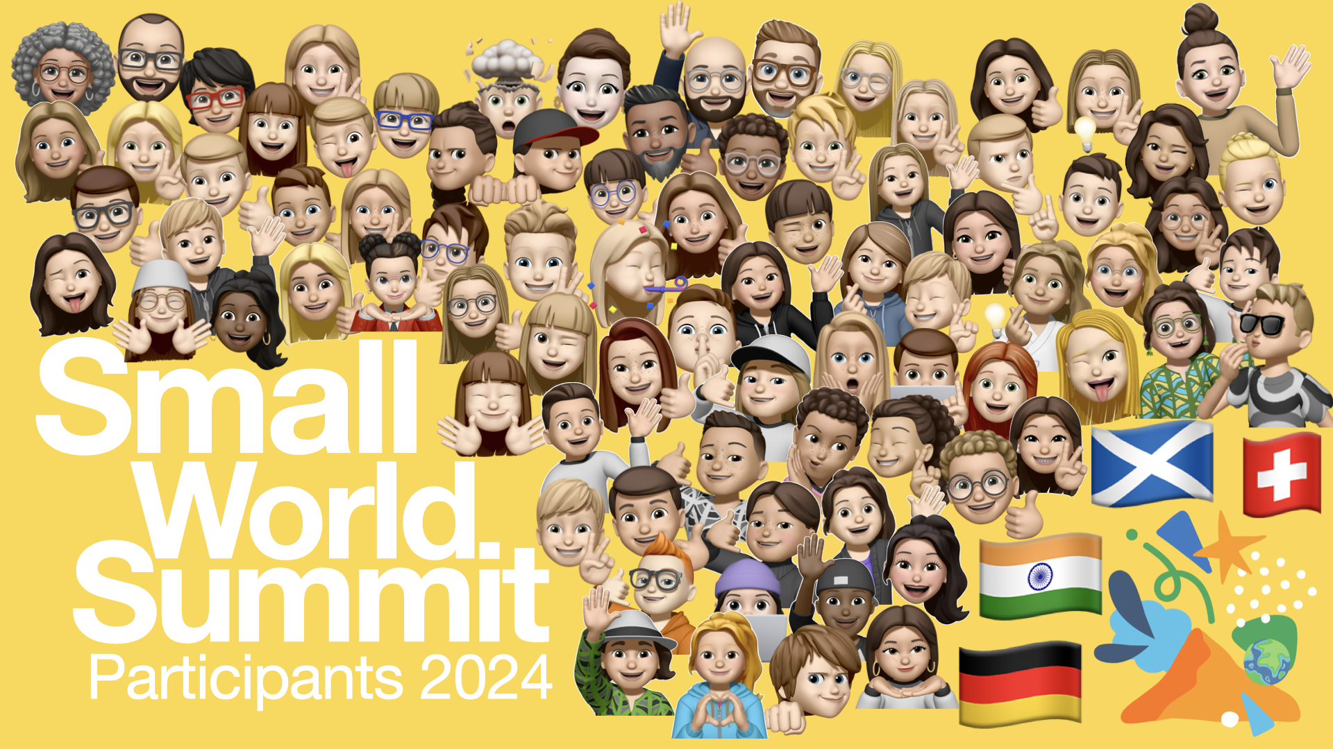 The opening slide for the Small World Summit with the Memoji's of learners and teachers.