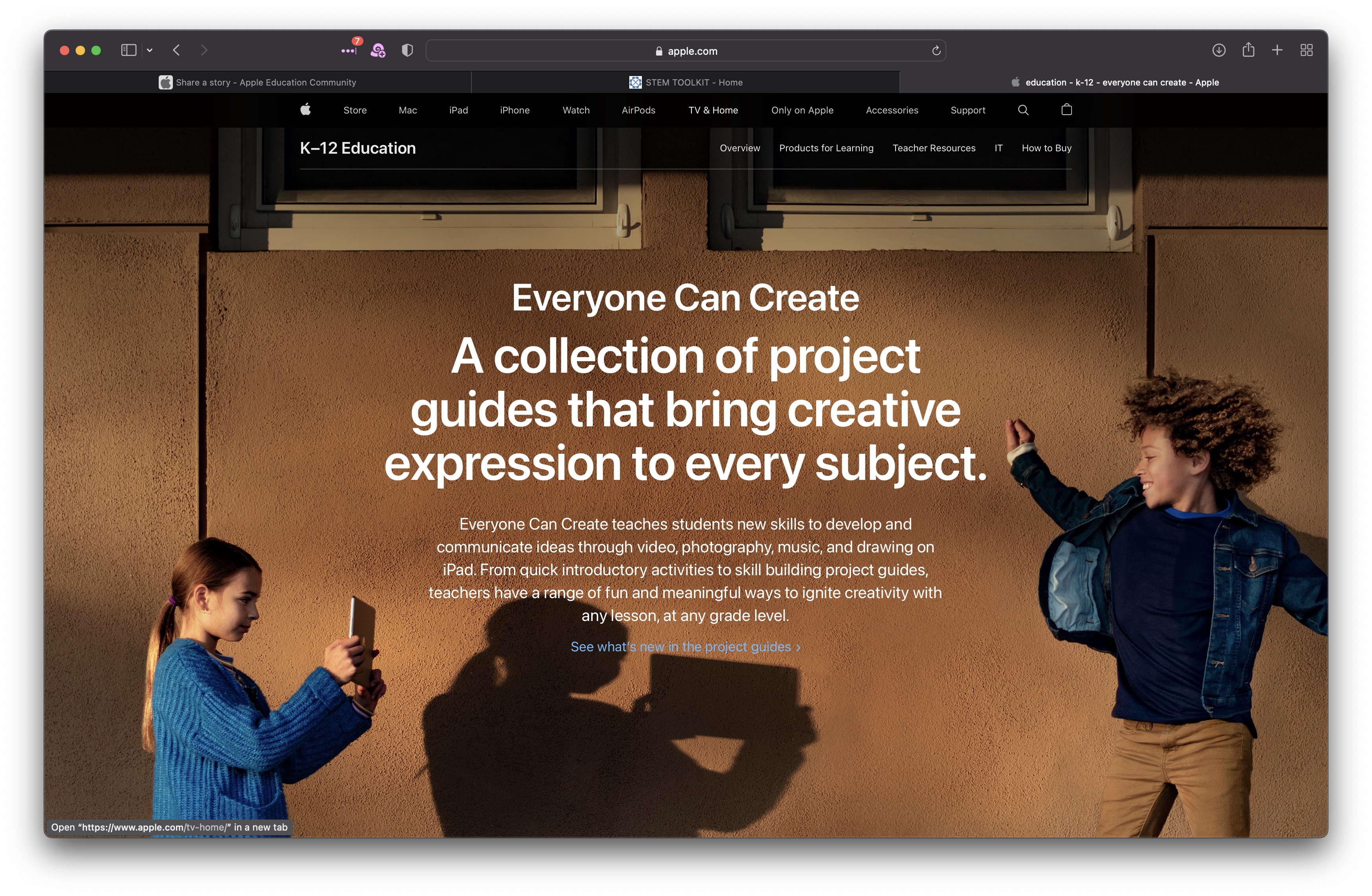 Screenshot of the Everyone Can Create homepage showing two children using an iPad to capture a scene.