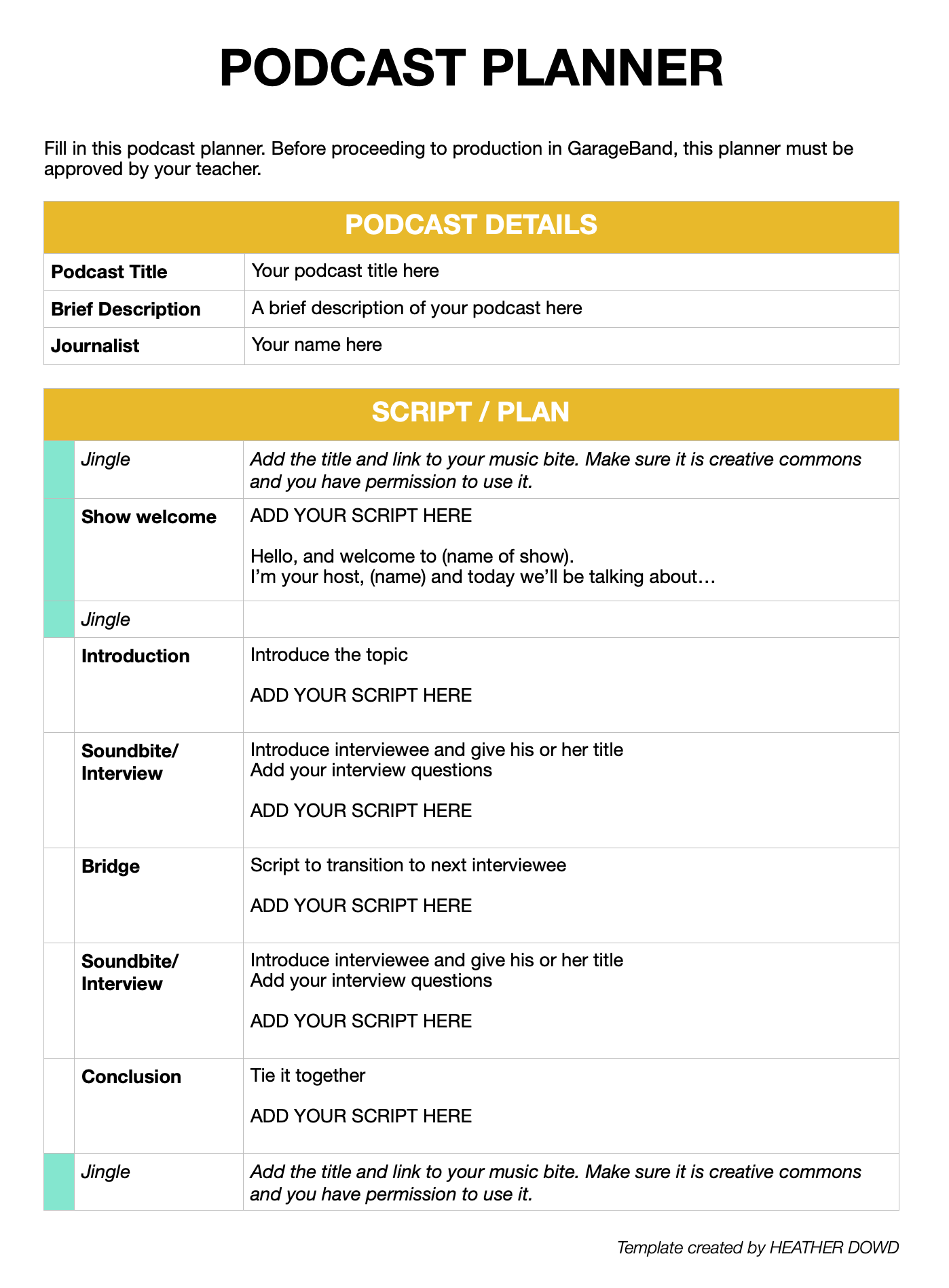Podcast planner template file for students to copy and fill out.