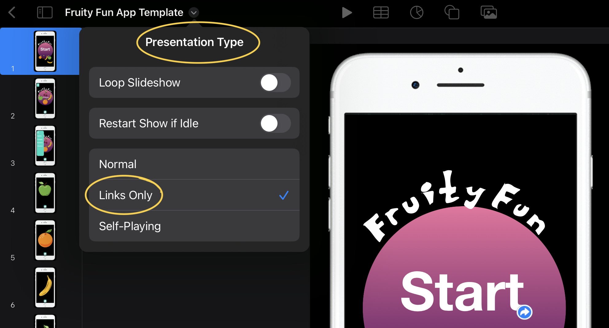 Screenshot to show the step to set 'links only' for the presentation type in Keynote on iPad