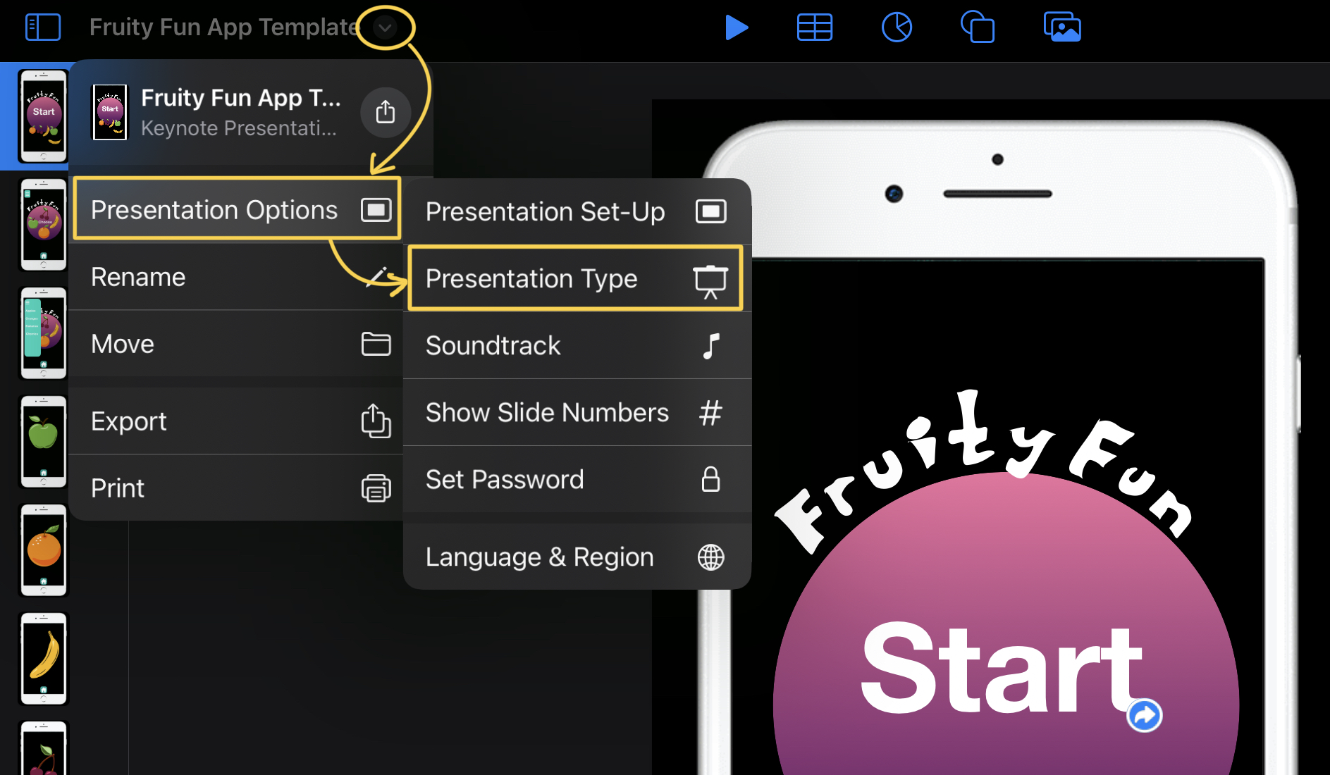 Screen shot with instructions for setting presentation type in Keynote on iPad