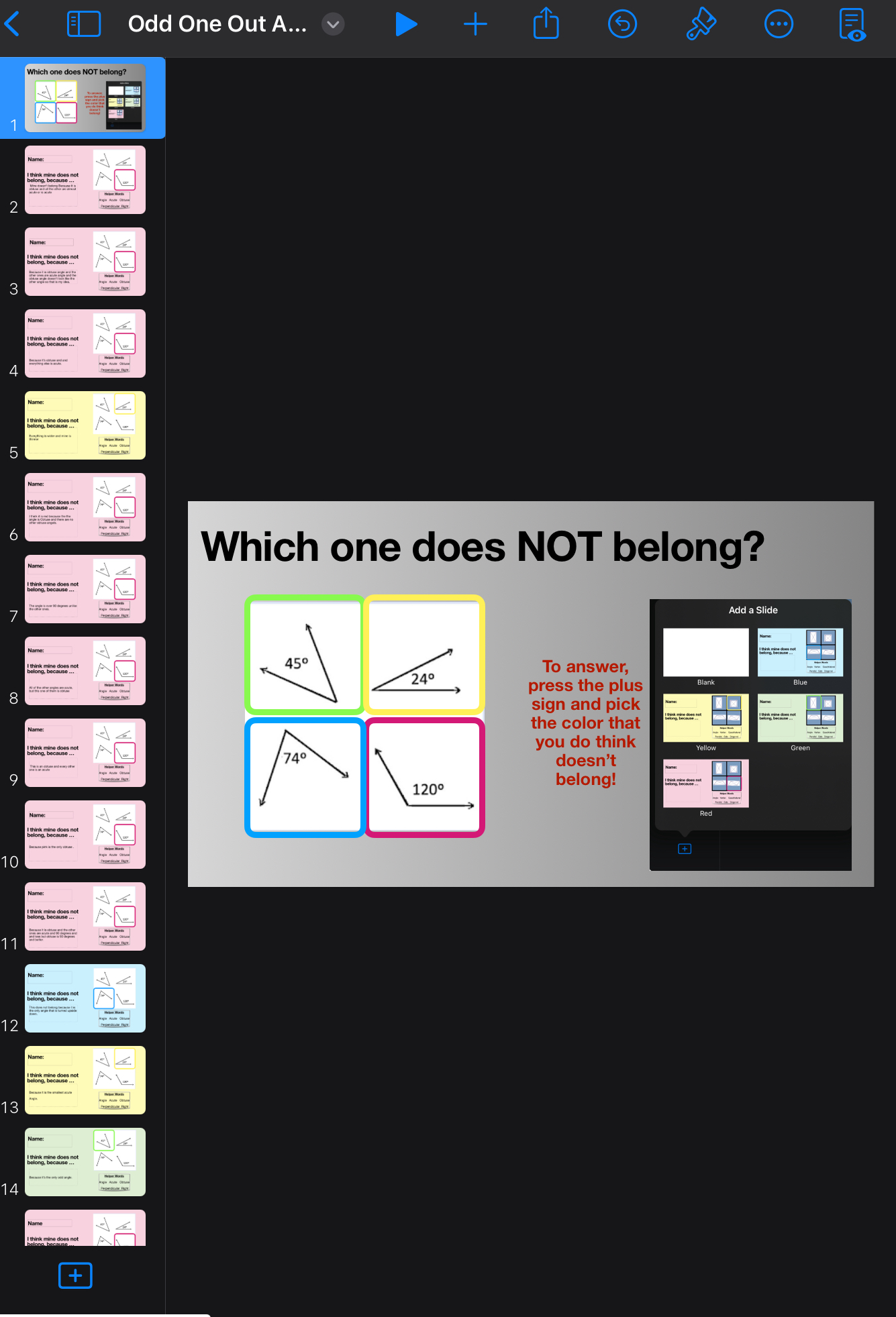 A screenshot of the WODB title slide and all the student responses. 