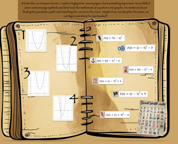 A picture of a diary with parabola graphs on the left and quadratic equations on the right. 