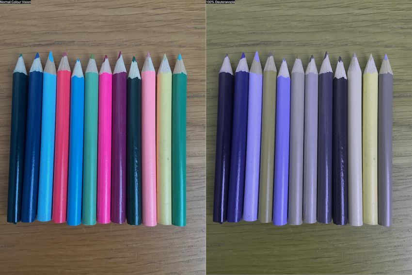 A side by side view of colouring pencils showing how a colour blind person perceives them 