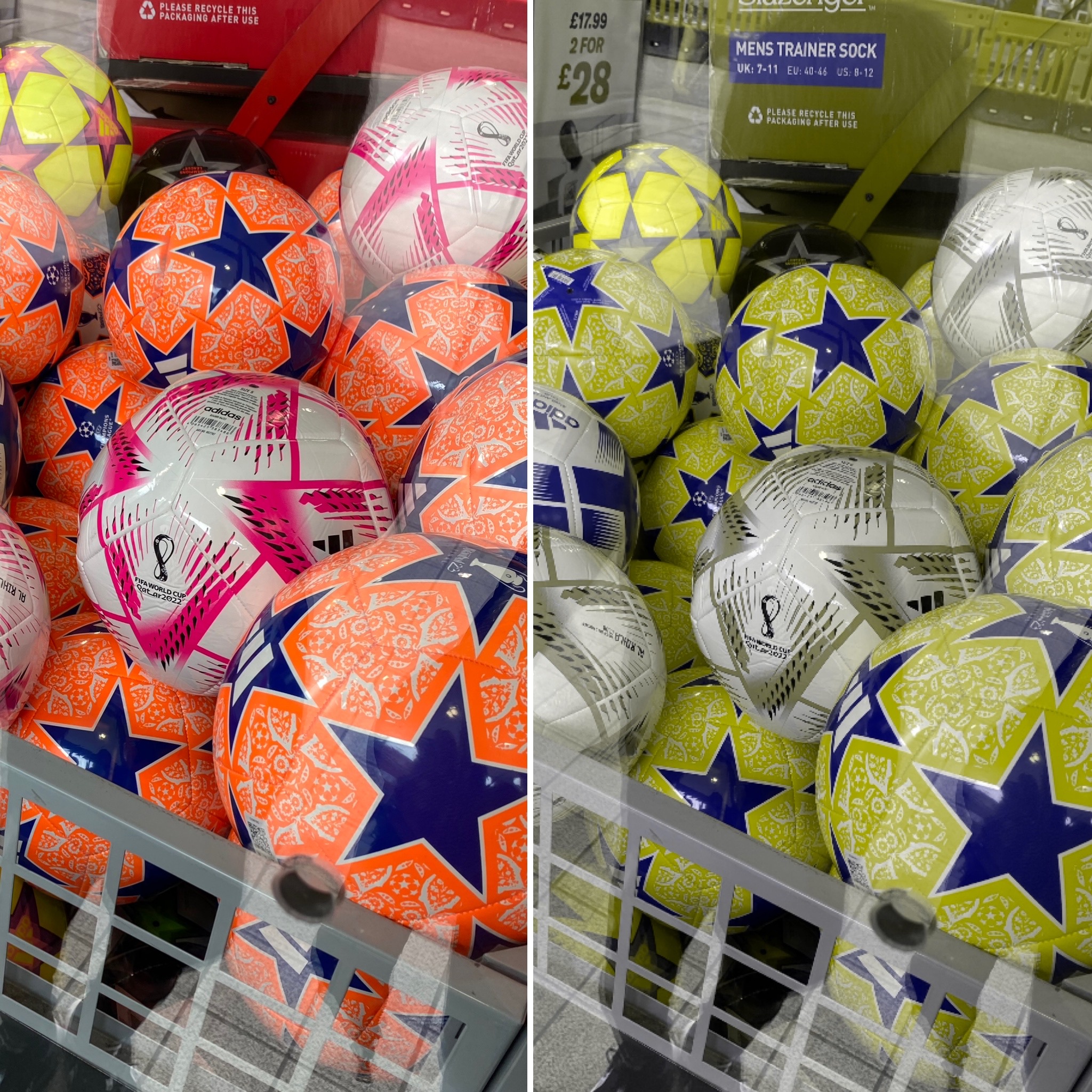 Side by side view of footballs through the eyes of a colour blind person
