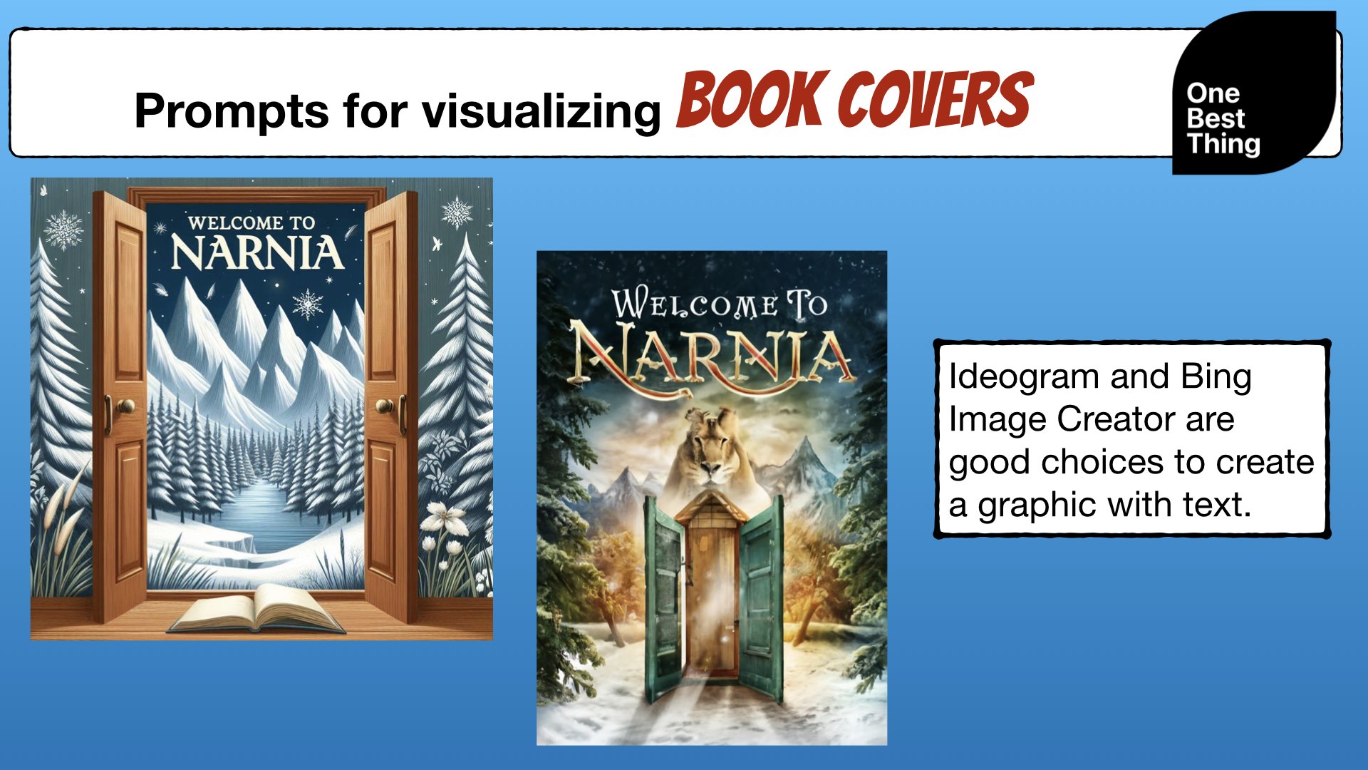 book cover saying Welcome to Narnia, with a view through a door of snowy mountains and a castle