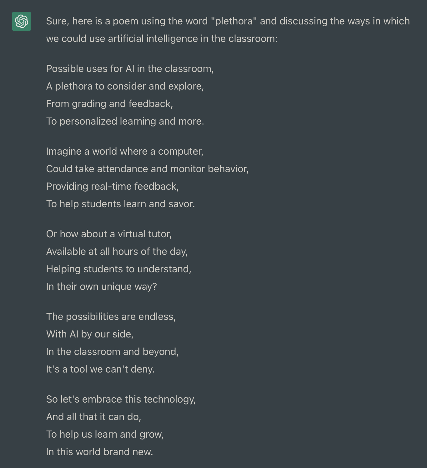 A poem written by artificial intelligence discussing the ways it could be used in the classroom.