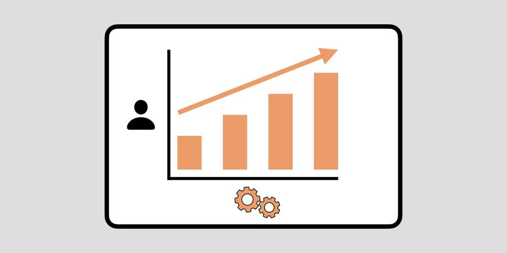 Bar graph with a person icon on the x-axis and a gear icon on the y-axis; bar graph shows increasing progress