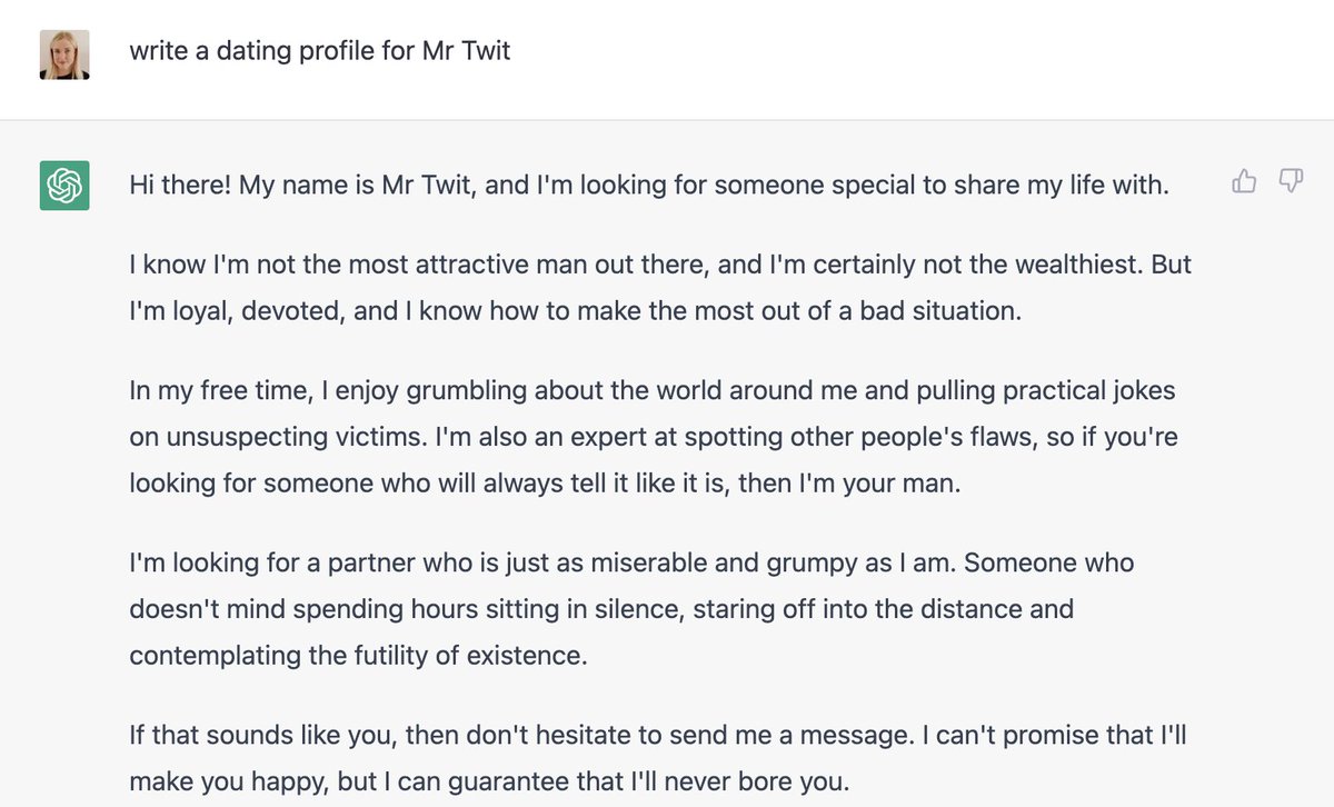 A dating profile for Mr Twit from The Twits, written by ChatGPT