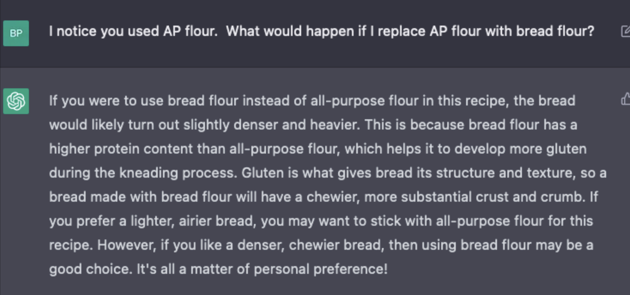 Response on using bread flour instead of AP flour