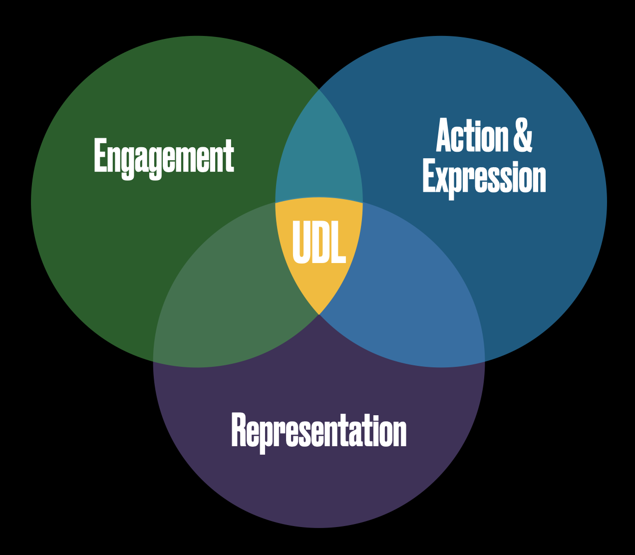 Venn diagram graphic of the 3 areas of Universal Design for Learning (Representation, Action & Expression, and Engagement)