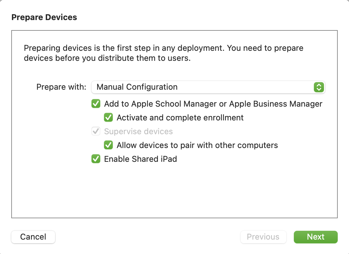 Screenshot from configurator indicating a user to tick a shared iPad box and click continue