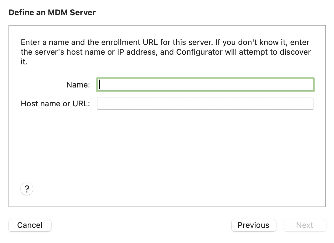 Screenshot from Configurator asking a user to enter an MDM URL name and click next. 