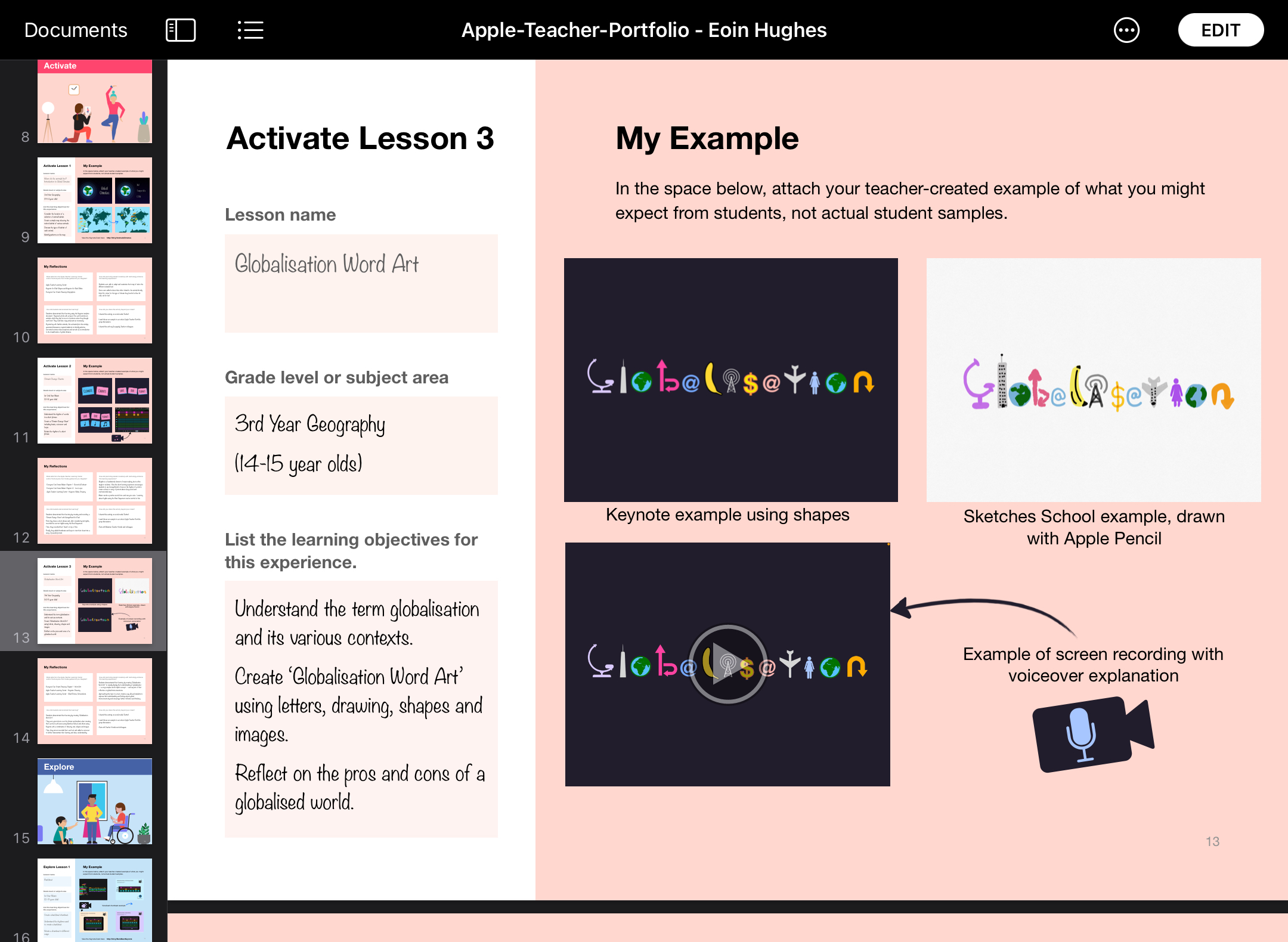 Apple Teacher Portfolio Activate lesson 3 screenshot. Includes the lesson name, learning objectives & lesson example images. 