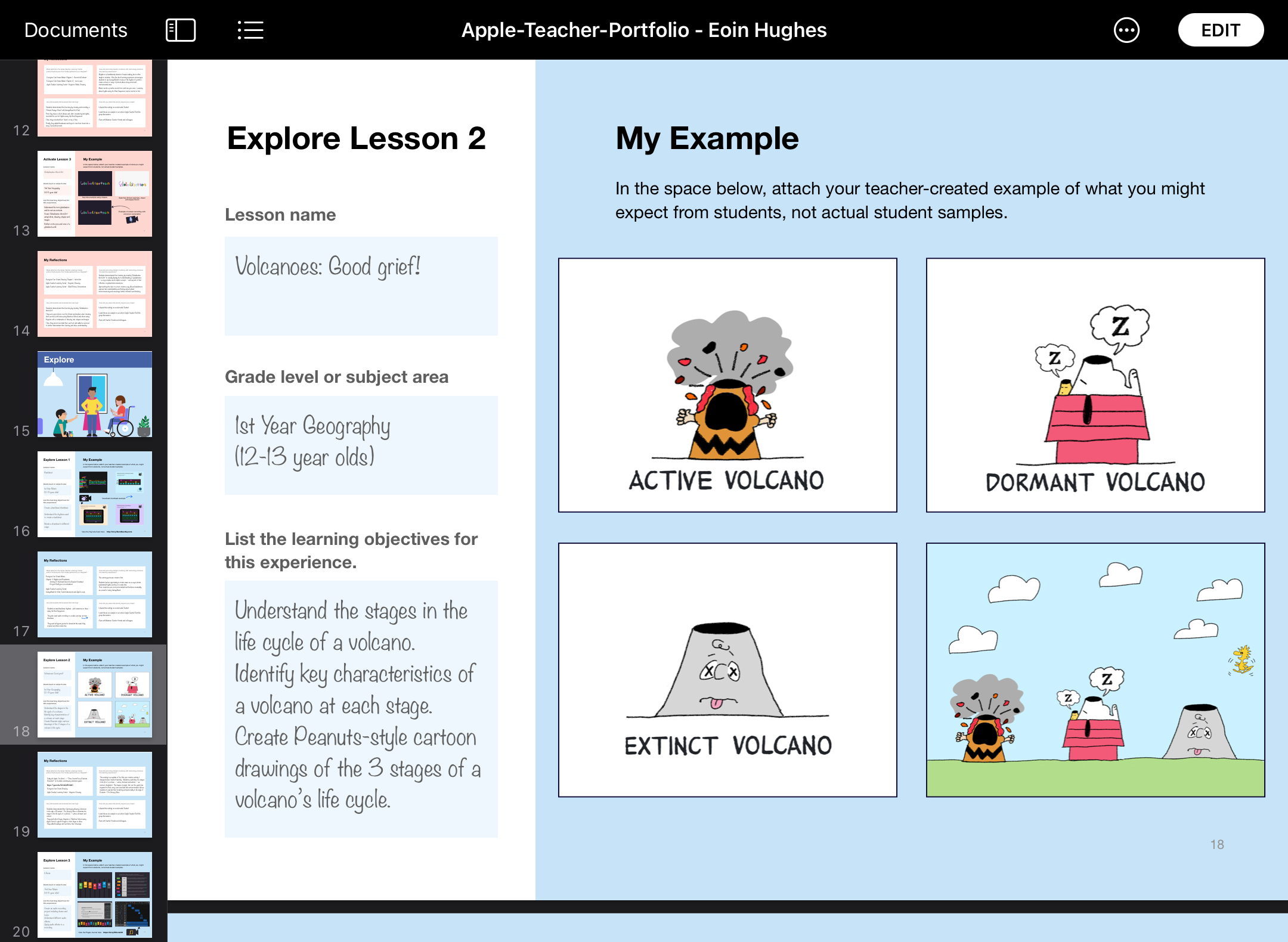 Apple Teacher Portfolio Explore lesson 2 screenshot. Includes the lesson name, learning objectives & lesson example images. 