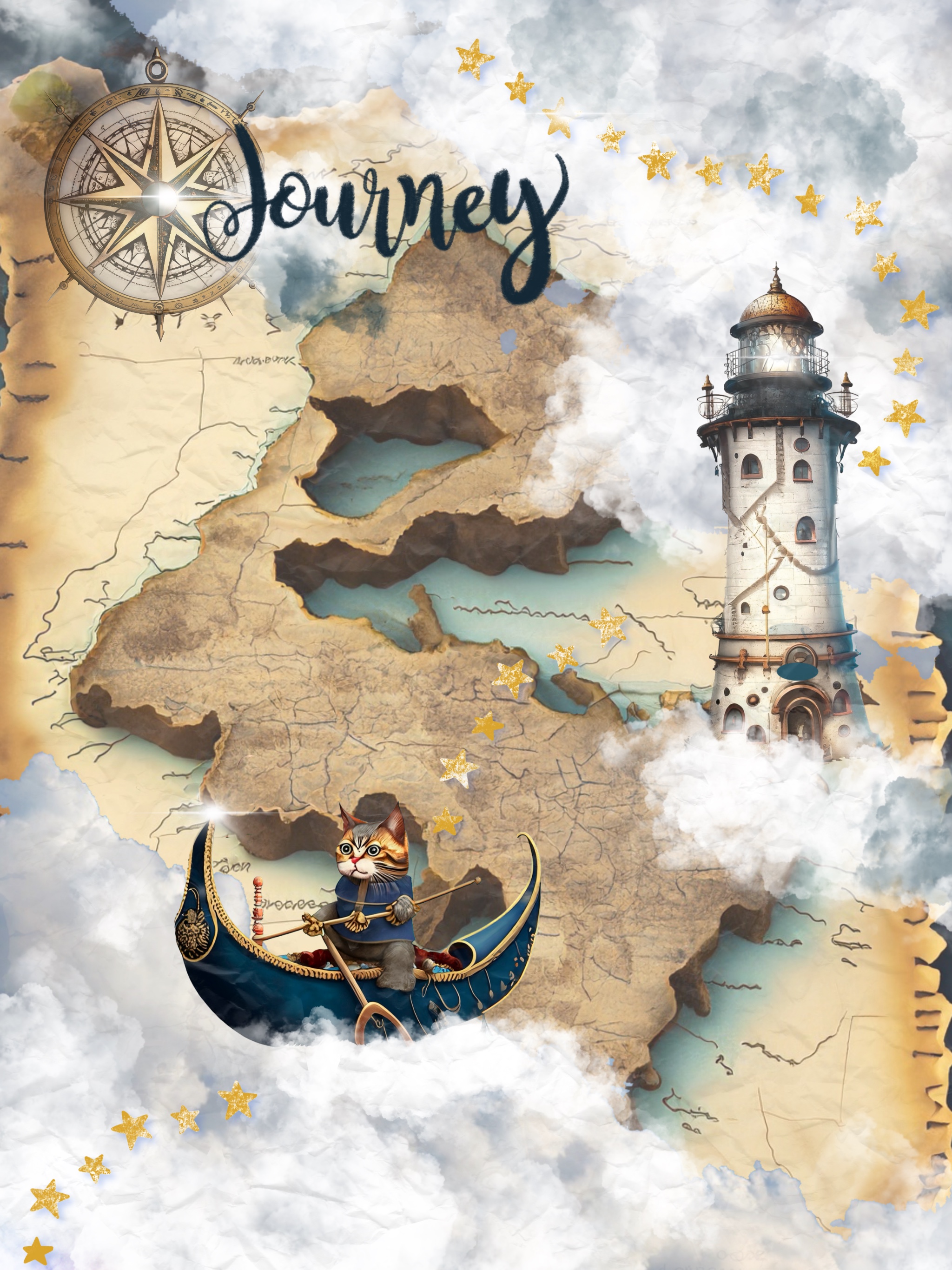 Journey digital collage with map, cat in boat, lighthouse, compass rose