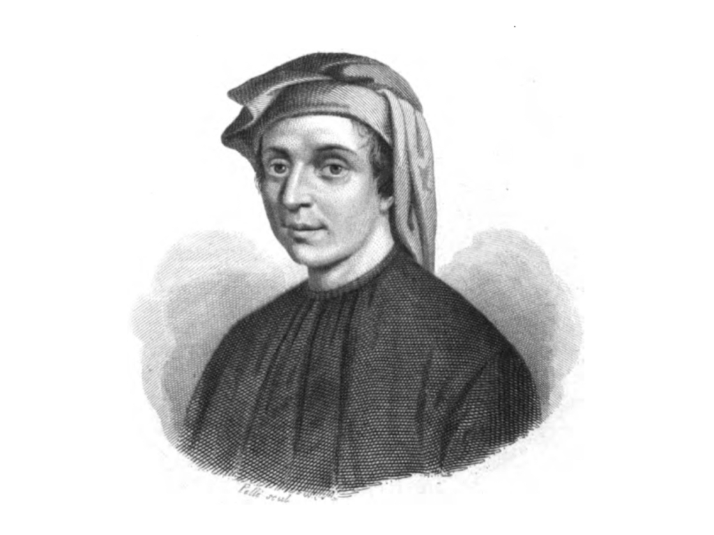 Portrait image of mathematician Fibonacci. Image is in black and white. 