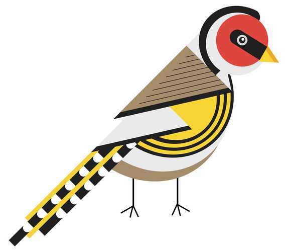 A red, yellow, black, white and light brown goldfinch created with geometric shapes in Keynote.