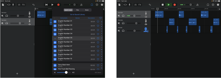 2 screenshots from GarageBand for iPad. The first shows the Loop Browser. The 2nd has 2 audio tracks & loops in Tracks View. 