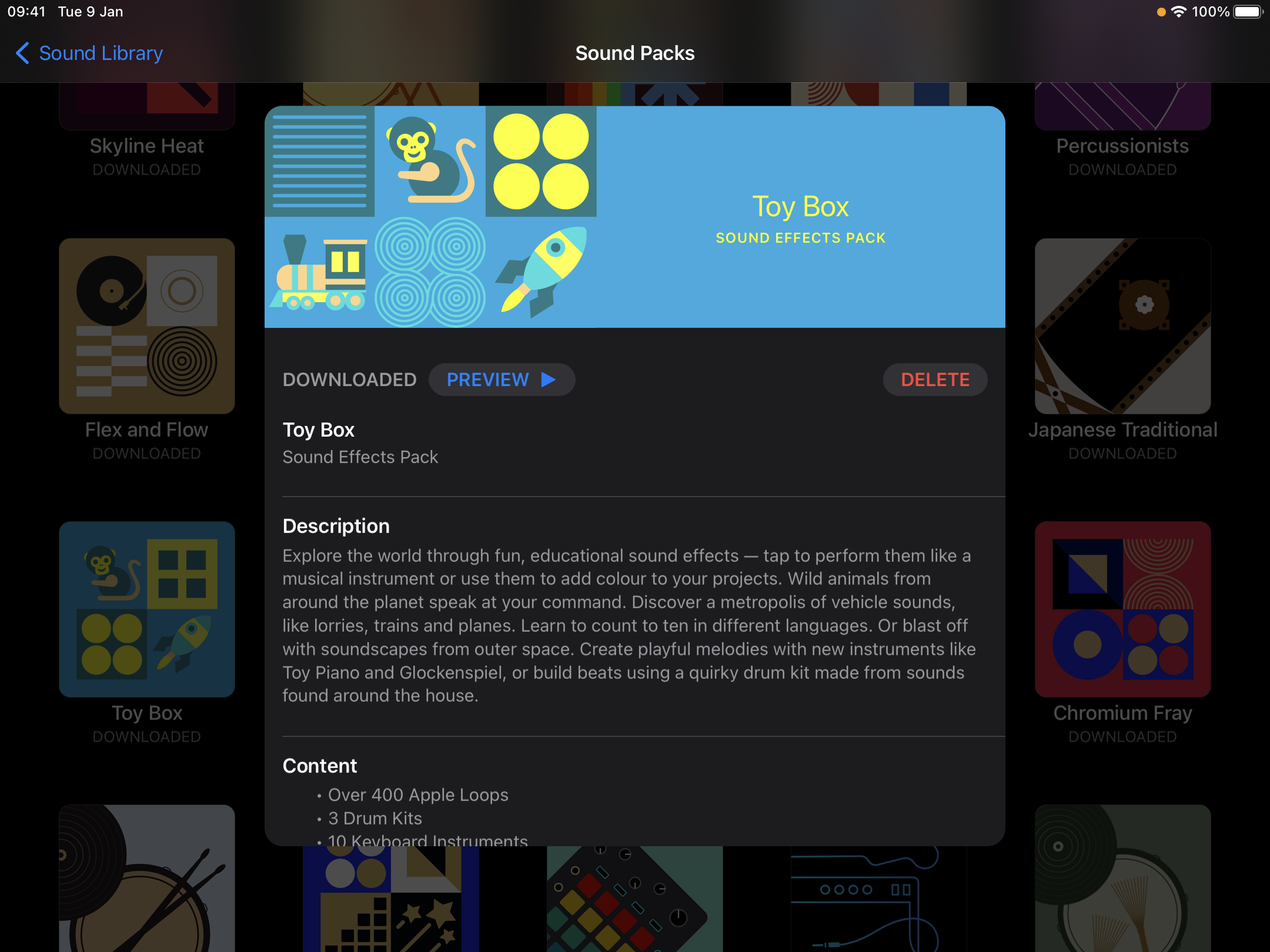 Screenshot from GarageBand for iPad. The Toy Box Sound Pack Preview is open, with a description of the sound pack’s contents.