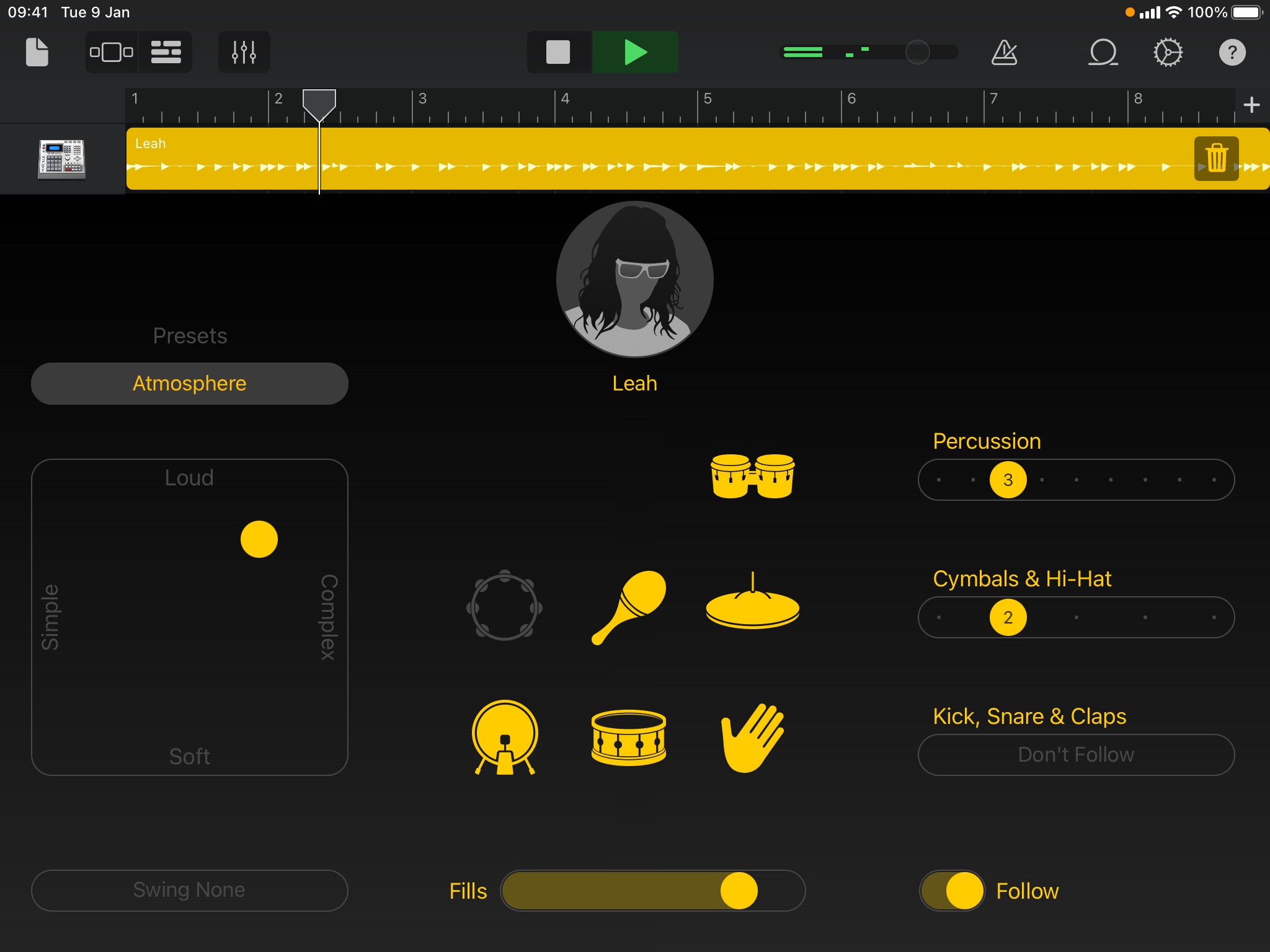 Screenshot showing the Drummer interface in GarageBand. The track is playing back, and the Drummer ‘Leah’ has been selected.