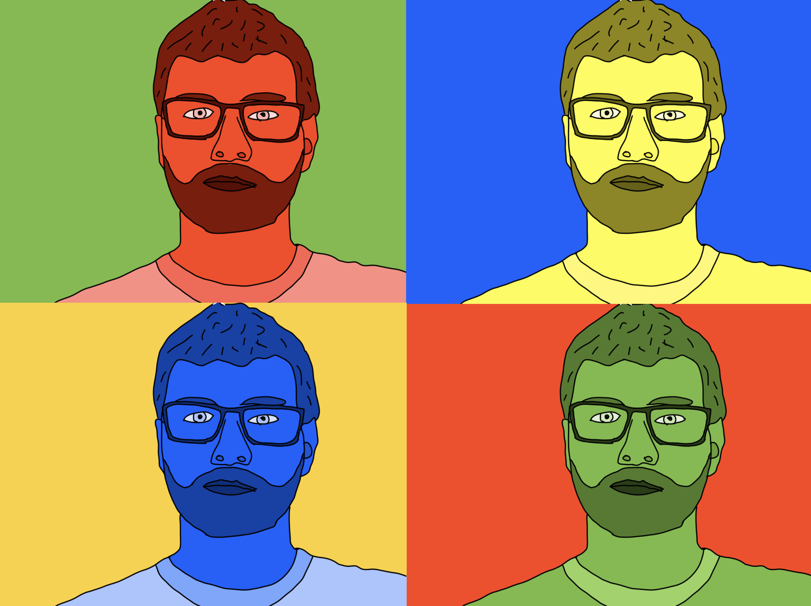 A multi-coloured Pop Art self portrait of myself, drawn using Keynote on the iPad