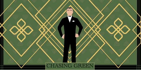 Green and Gold background with a man dressed in black tuxedo representing Jay Gatsby.