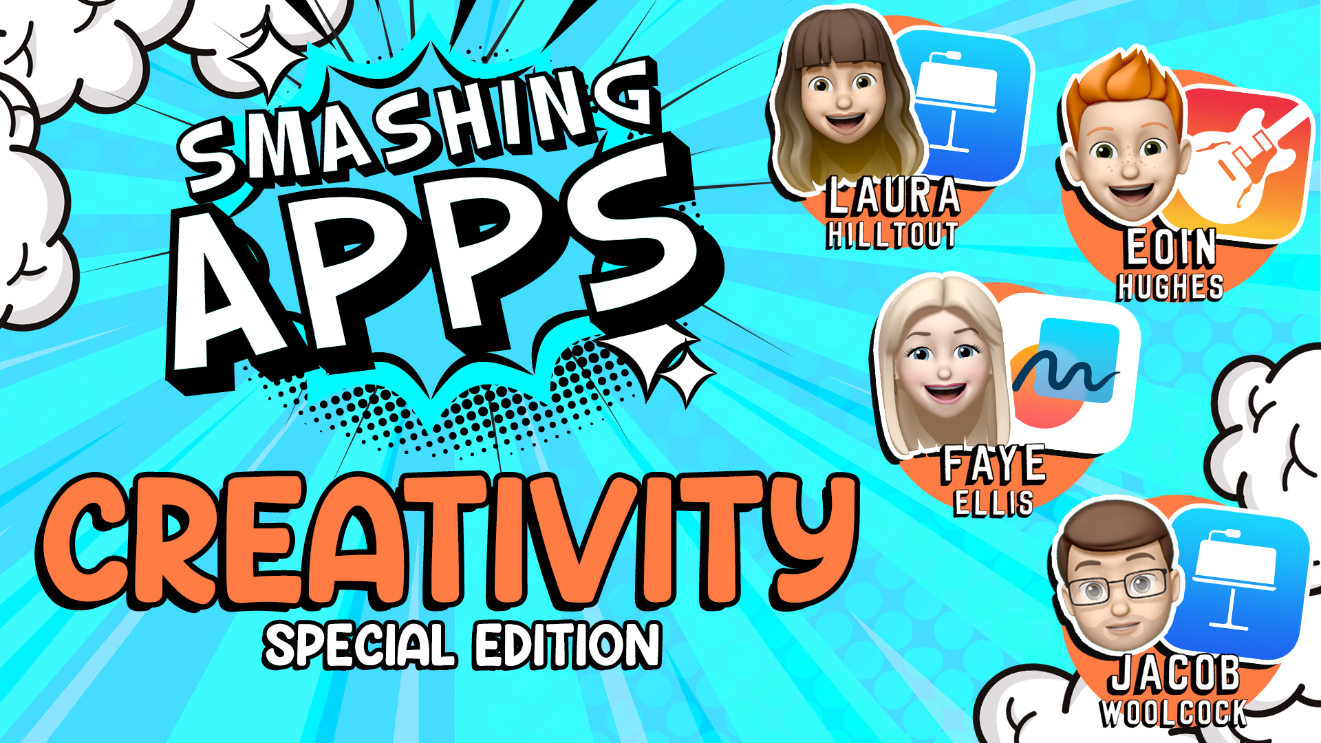 Smashing Apps artwork featuring Eoin Hughes, Faye Ellis, Laura Hilltout and Jacob Woolcock