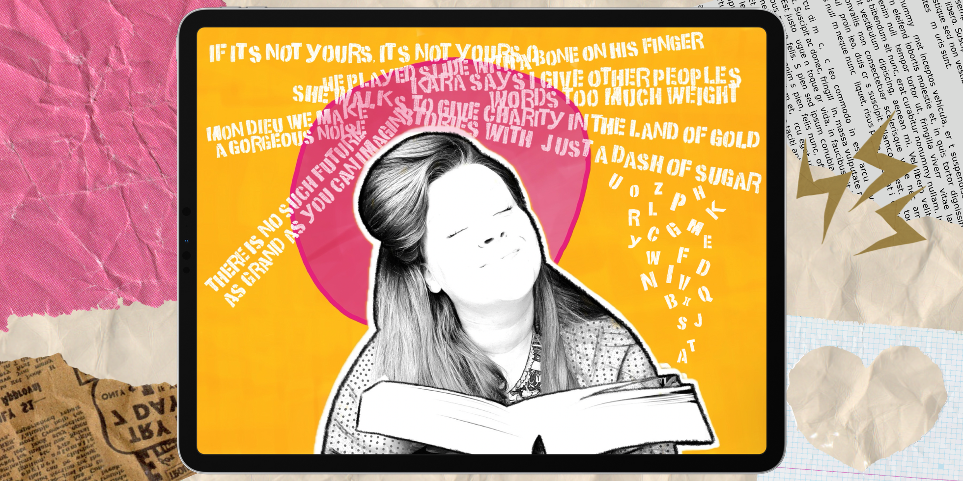 A pop art image with vibrant orange and pink hues of a girl holding a book with lots of quotations around her.