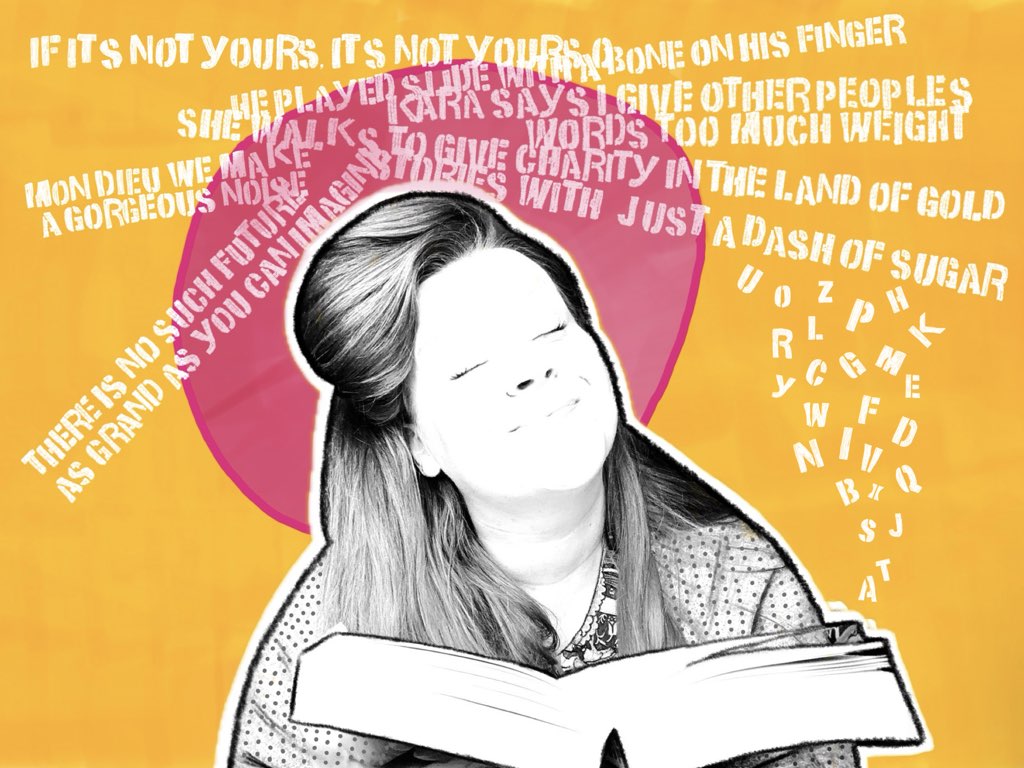 A pop art image with vibrant orange and pink hues of a girl holding a book with lots of quotations around her.