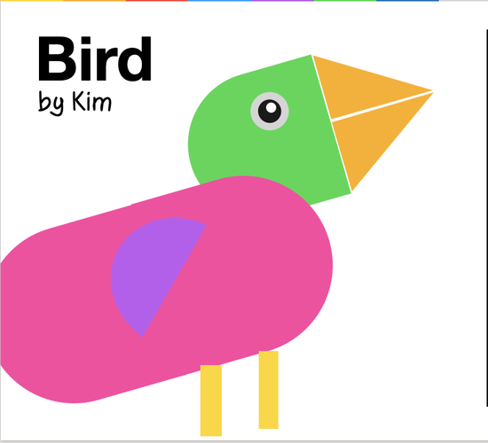 A colourful bird made with shapes using a Keynote template. The bird has a pink body and a green head.