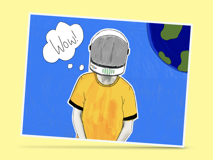 Final marked up image of space man, view of earth and 'wow' written in a speech bubble.