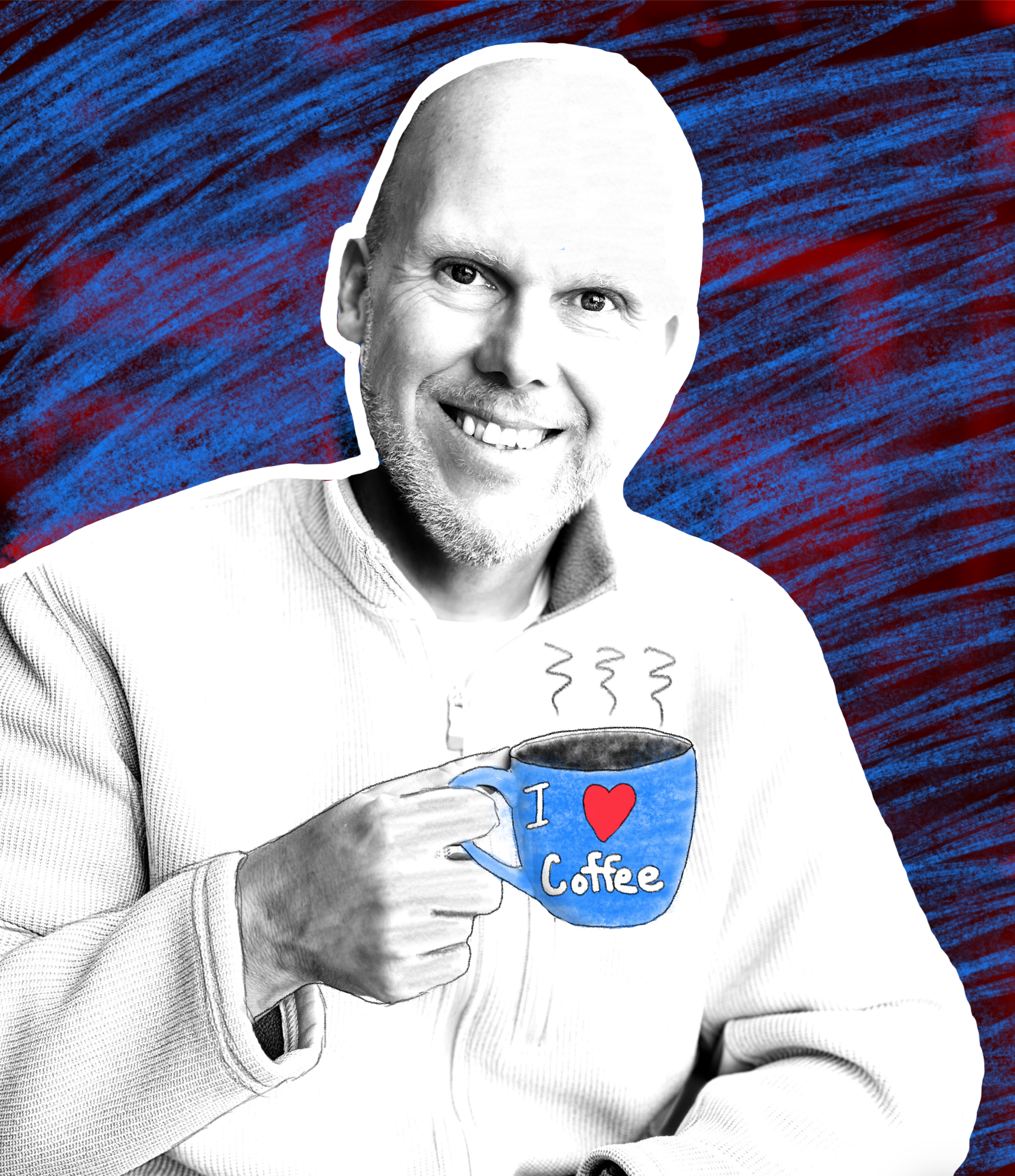 A male holding a cup of coffee with I heart/love coffee drawn on the mug.