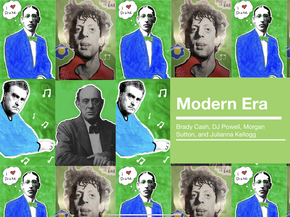 Cover to the Modern textbook featuring images of four composers created with the pop art activity.