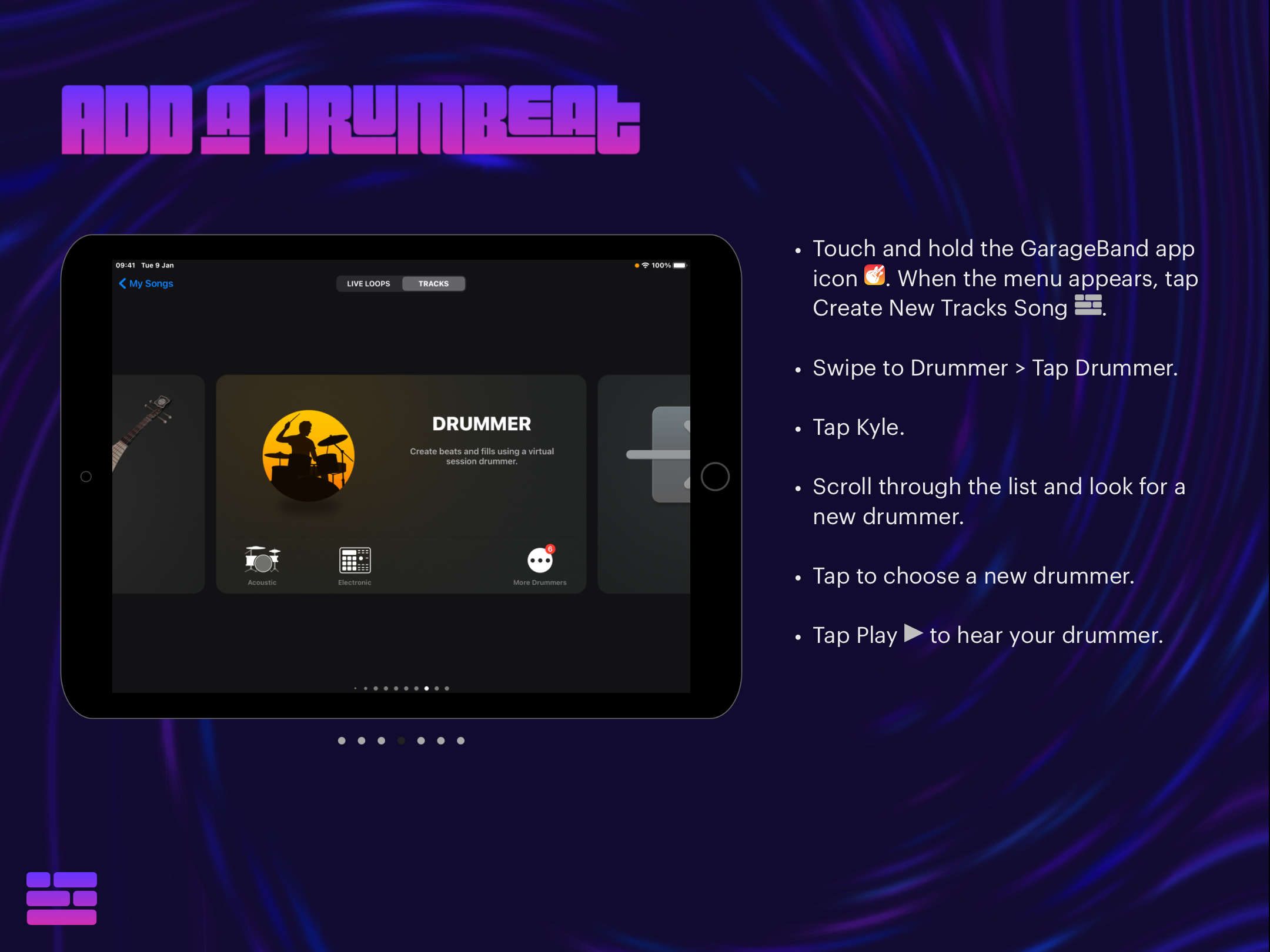 Screenshot of instructional page from One Chord Grove about how to Add a Drumbeat using Drummer with GarageBand. 